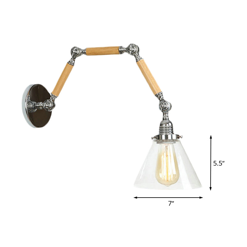Industrial Cone Wall Lighting Fixture 1 Bulb Clear Glass Sconce Light in Chrome for Living Room Clearhalo 'Art deco wall lights' 'Cast Iron' 'Glass' 'Industrial wall lights' 'Industrial' 'Middle century wall lights' 'Modern' 'Rustic wall lights' 'Tiffany' 'Traditional wall lights' 'Wall Lamps & Sconces' 'Wall Lights' Lighting' 763699