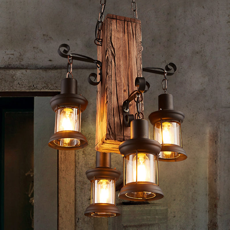 Black 4 Lights Chandelier Light Fixture Industrial Clear Glass Lantern Pendant Lamp with Wooden Beam Clearhalo 'Ceiling Lights' 'Chandeliers' Lighting' options 763715
