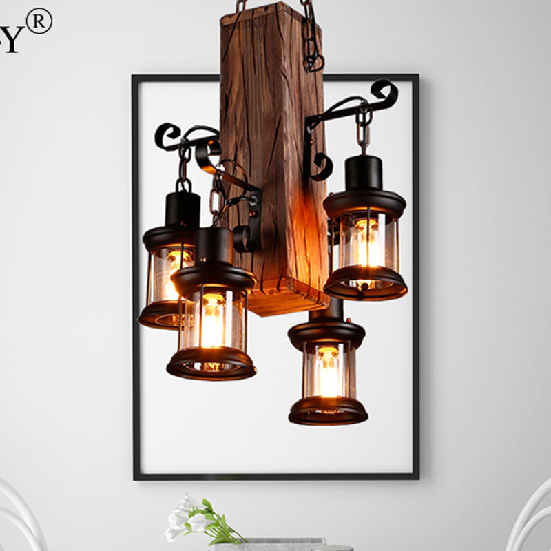Black 4 Lights Chandelier Light Fixture Industrial Clear Glass Lantern Pendant Lamp with Wooden Beam Clearhalo 'Ceiling Lights' 'Chandeliers' Lighting' options 763717