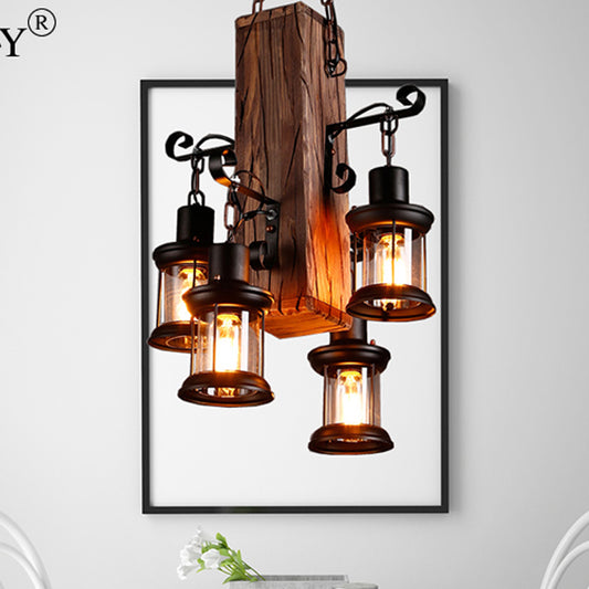Black 4 Lights Chandelier Light Fixture Industrial Clear Glass Lantern Pendant Lamp with Wooden Beam Clearhalo 'Ceiling Lights' 'Chandeliers' Lighting' options 763717