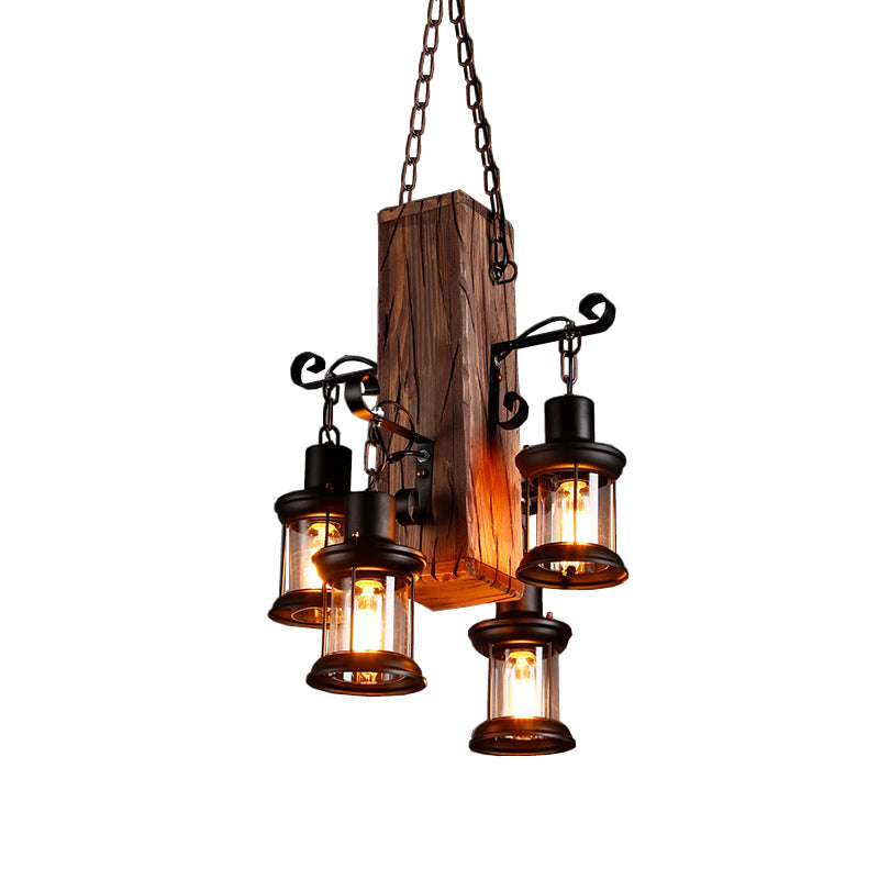 Black 4 Lights Chandelier Light Fixture Industrial Clear Glass Lantern Pendant Lamp with Wooden Beam Clearhalo 'Ceiling Lights' 'Chandeliers' Lighting' options 763718