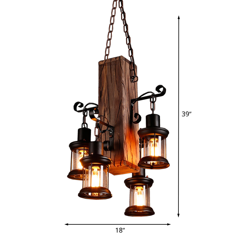 Black 4 Lights Chandelier Light Fixture Industrial Clear Glass Lantern Pendant Lamp with Wooden Beam Clearhalo 'Ceiling Lights' 'Chandeliers' Lighting' options 763719
