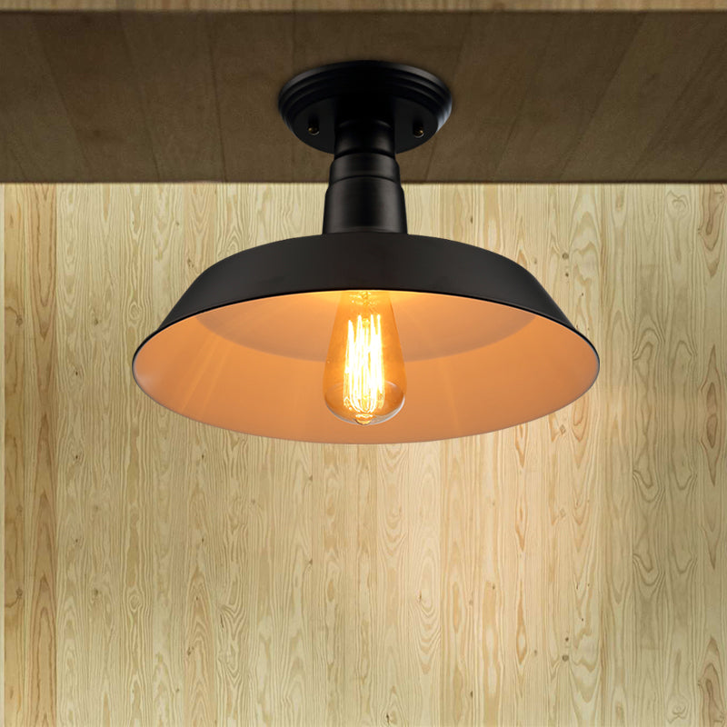 Black/Red 1 Head Semi Flush Light Industrial Style Metallic Barn Shade Ceiling Light Fixture for Corridor, 10"/14" W Clearhalo 'Ceiling Lights' 'Close To Ceiling Lights' 'Close to ceiling' 'Semi-flushmount' Lighting' 763817