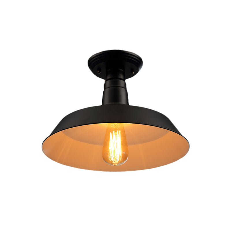 Black/Red 1 Head Semi Flush Light Industrial Style Metallic Barn Shade Ceiling Light Fixture for Corridor, 10"/14" W Clearhalo 'Ceiling Lights' 'Close To Ceiling Lights' 'Close to ceiling' 'Semi-flushmount' Lighting' 763818