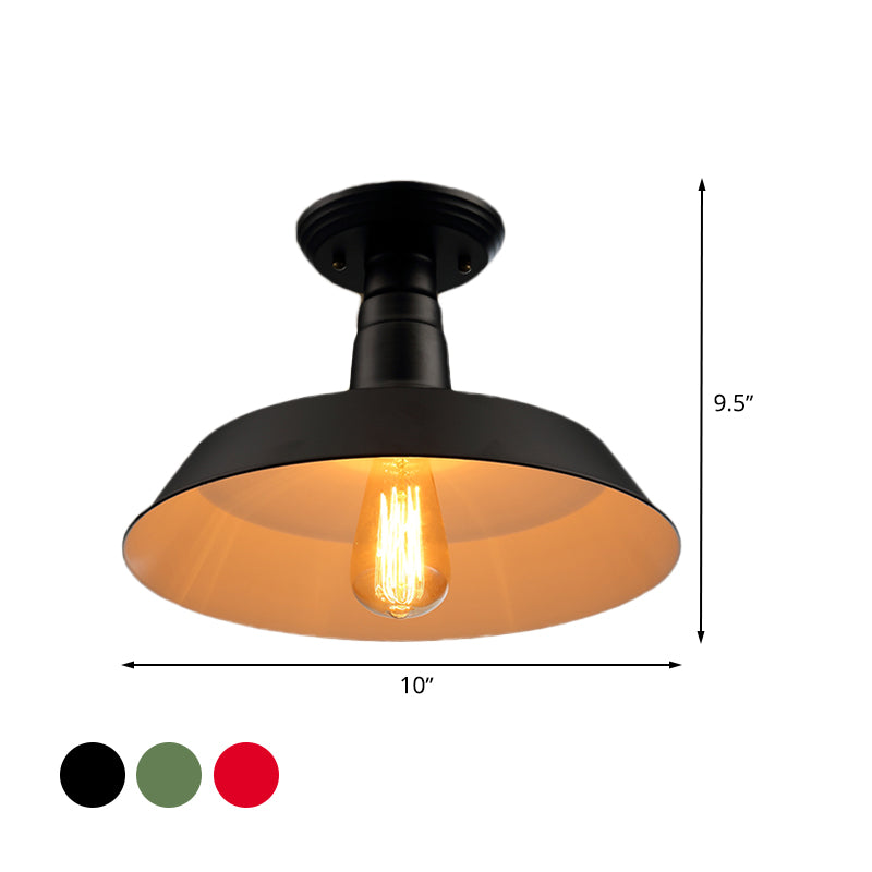 Black/Red 1 Head Semi Flush Light Industrial Style Metallic Barn Shade Ceiling Light Fixture for Corridor, 10"/14" W Clearhalo 'Ceiling Lights' 'Close To Ceiling Lights' 'Close to ceiling' 'Semi-flushmount' Lighting' 763819