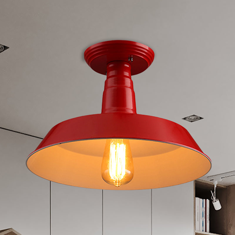 Black/Red 1 Head Semi Flush Light Industrial Style Metallic Barn Shade Ceiling Light Fixture for Corridor, 10"/14" W Red 10" Clearhalo 'Ceiling Lights' 'Close To Ceiling Lights' 'Close to ceiling' 'Semi-flushmount' Lighting' 763826