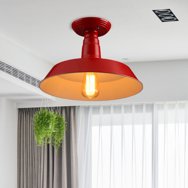 Black/Red 1 Head Semi Flush Light Industrial Style Metallic Barn Shade Ceiling Light Fixture for Corridor, 10"/14" W Clearhalo 'Ceiling Lights' 'Close To Ceiling Lights' 'Close to ceiling' 'Semi-flushmount' Lighting' 763827