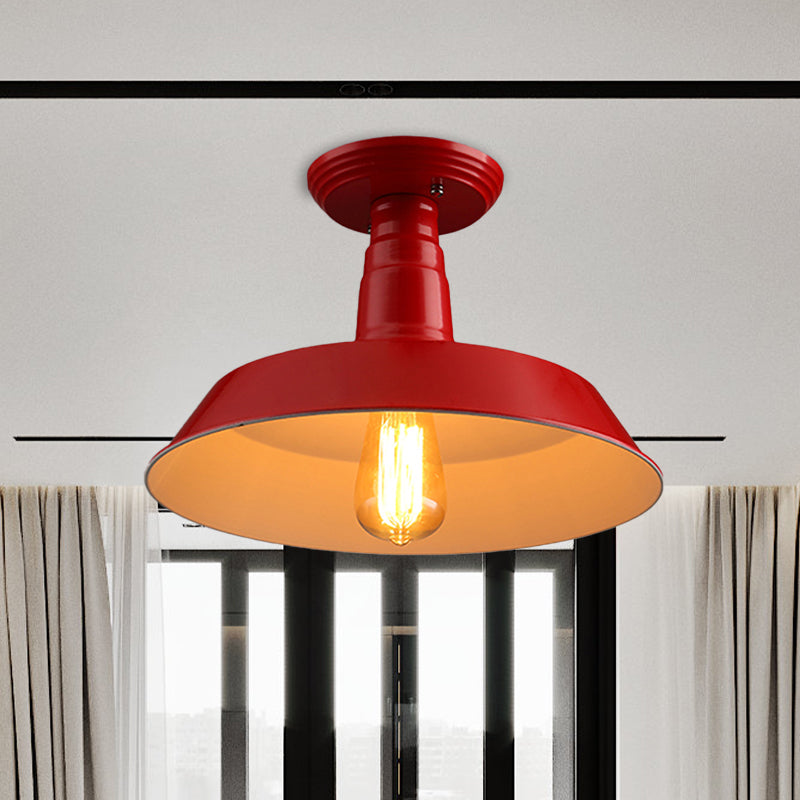 Black/Red 1 Head Semi Flush Light Industrial Style Metallic Barn Shade Ceiling Light Fixture for Corridor, 10"/14" W Clearhalo 'Ceiling Lights' 'Close To Ceiling Lights' 'Close to ceiling' 'Semi-flushmount' Lighting' 763828