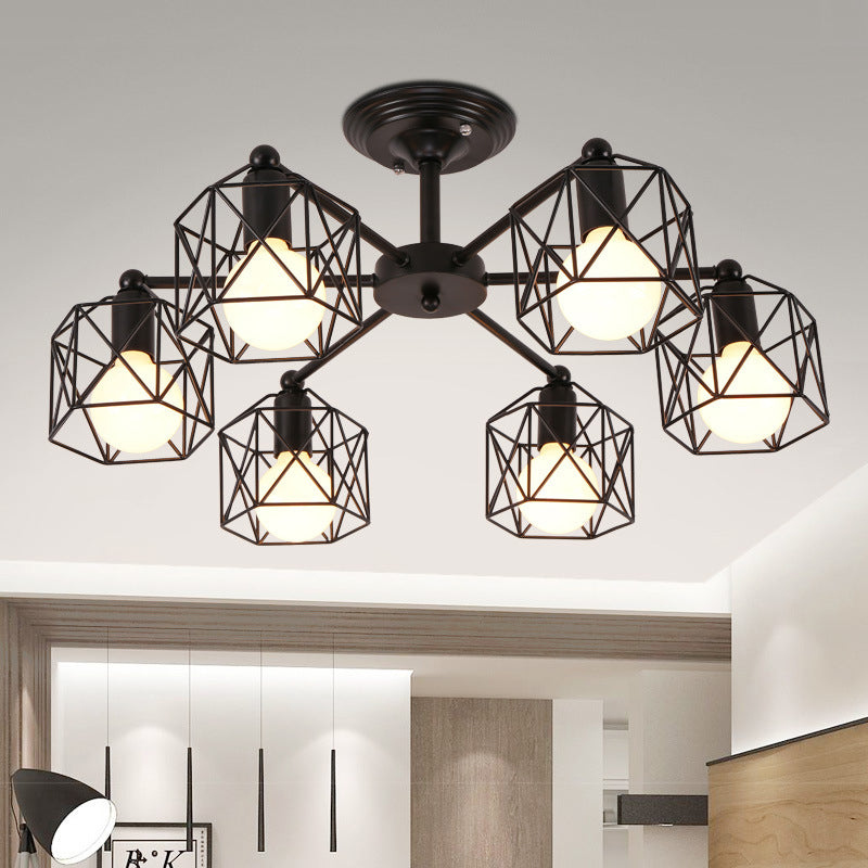 6/8/10 Heads Semi-Flush Mount with Hexagon Cage Shade Metal Vintage Style Living Room Close to Ceiling Light in Black 6 Black Clearhalo 'Ceiling Lights' 'Close To Ceiling Lights' 'Close to ceiling' 'Semi-flushmount' Lighting' 763948