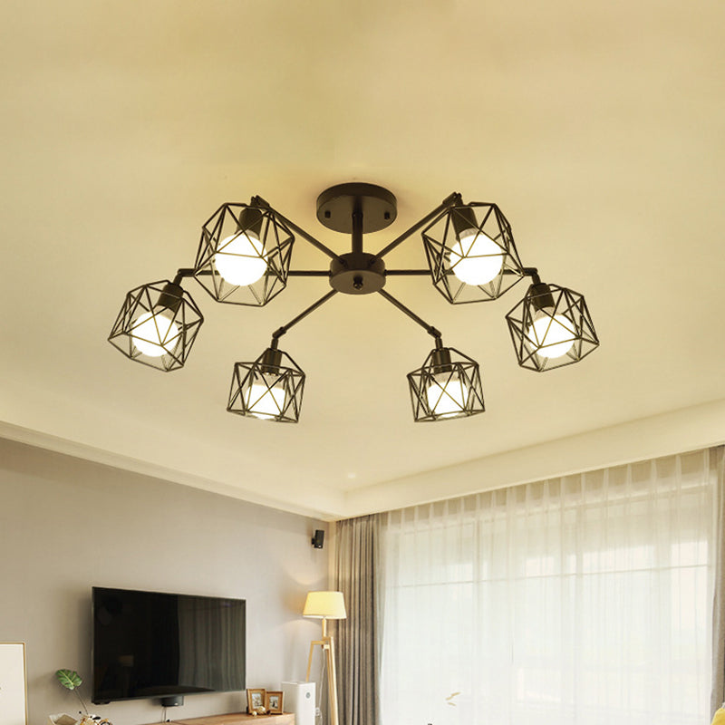 6/8/10 Heads Semi-Flush Mount with Hexagon Cage Shade Metal Vintage Style Living Room Close to Ceiling Light in Black Clearhalo 'Ceiling Lights' 'Close To Ceiling Lights' 'Close to ceiling' 'Semi-flushmount' Lighting' 763949