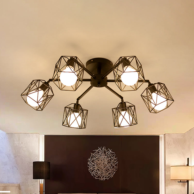 6/8/10 Heads Semi-Flush Mount with Hexagon Cage Shade Metal Vintage Style Living Room Close to Ceiling Light in Black Clearhalo 'Ceiling Lights' 'Close To Ceiling Lights' 'Close to ceiling' 'Semi-flushmount' Lighting' 763950