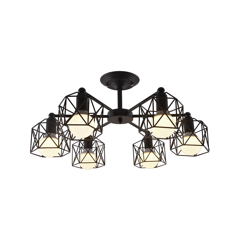 6/8/10 Heads Semi-Flush Mount with Hexagon Cage Shade Metal Vintage Style Living Room Close to Ceiling Light in Black Clearhalo 'Ceiling Lights' 'Close To Ceiling Lights' 'Close to ceiling' 'Semi-flushmount' Lighting' 763951