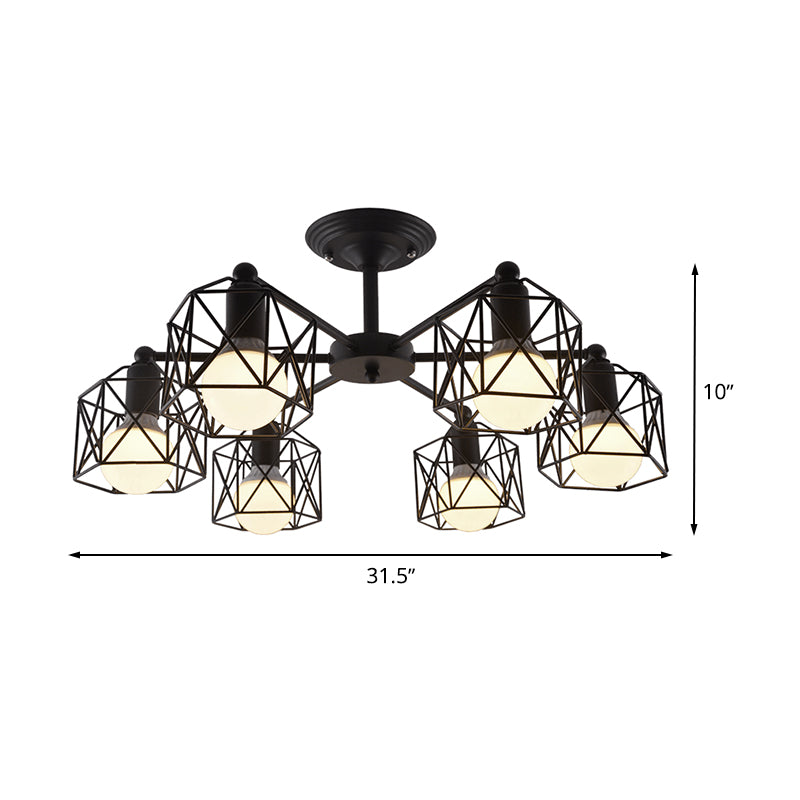 6/8/10 Heads Semi-Flush Mount with Hexagon Cage Shade Metal Vintage Style Living Room Close to Ceiling Light in Black Clearhalo 'Ceiling Lights' 'Close To Ceiling Lights' 'Close to ceiling' 'Semi-flushmount' Lighting' 763952