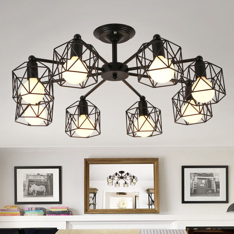 6/8/10 Heads Semi-Flush Mount with Hexagon Cage Shade Metal Vintage Style Living Room Close to Ceiling Light in Black 8 Black Clearhalo 'Ceiling Lights' 'Close To Ceiling Lights' 'Close to ceiling' 'Semi-flushmount' Lighting' 763953