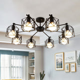 6/8/10 Heads Semi-Flush Mount with Hexagon Cage Shade Metal Vintage Style Living Room Close to Ceiling Light in Black Clearhalo 'Ceiling Lights' 'Close To Ceiling Lights' 'Close to ceiling' 'Semi-flushmount' Lighting' 763954