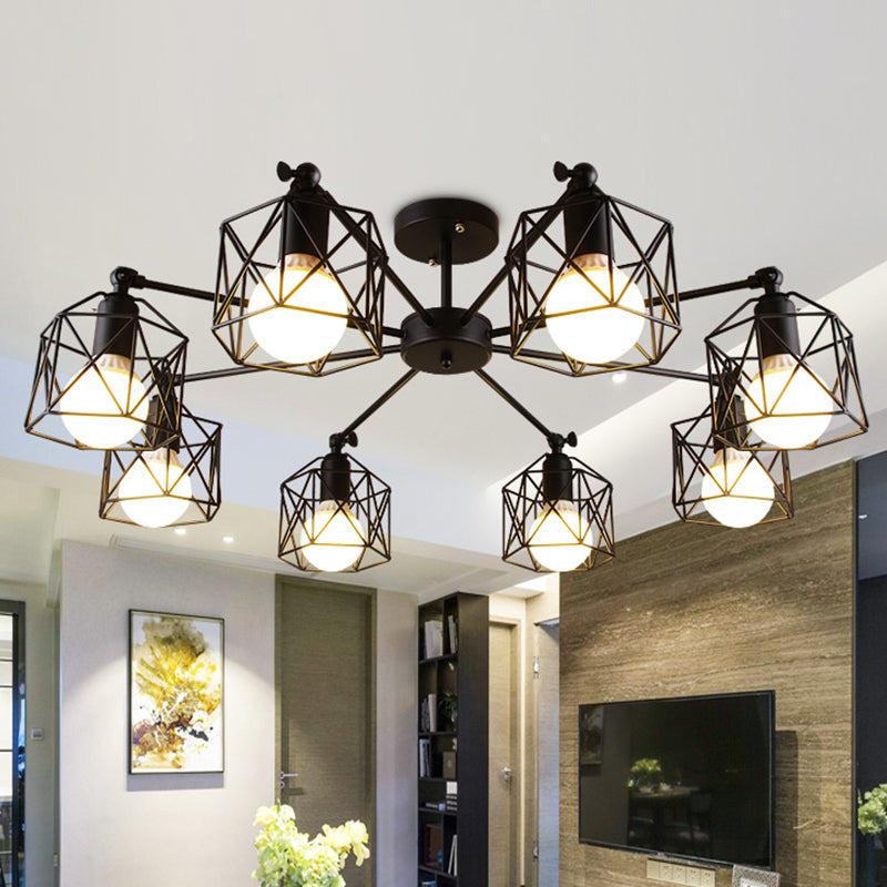 6/8/10 Heads Semi-Flush Mount with Hexagon Cage Shade Metal Vintage Style Living Room Close to Ceiling Light in Black Clearhalo 'Ceiling Lights' 'Close To Ceiling Lights' 'Close to ceiling' 'Semi-flushmount' Lighting' 763955