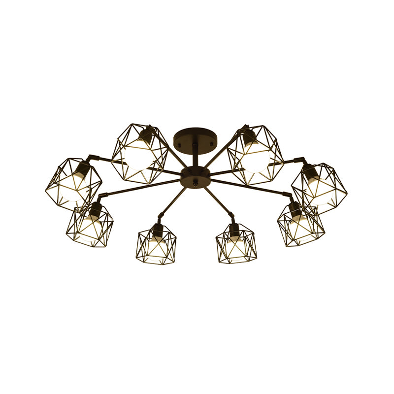 6/8/10 Heads Semi-Flush Mount with Hexagon Cage Shade Metal Vintage Style Living Room Close to Ceiling Light in Black Clearhalo 'Ceiling Lights' 'Close To Ceiling Lights' 'Close to ceiling' 'Semi-flushmount' Lighting' 763956