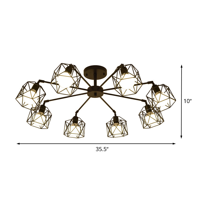 6/8/10 Heads Semi-Flush Mount with Hexagon Cage Shade Metal Vintage Style Living Room Close to Ceiling Light in Black Clearhalo 'Ceiling Lights' 'Close To Ceiling Lights' 'Close to ceiling' 'Semi-flushmount' Lighting' 763957