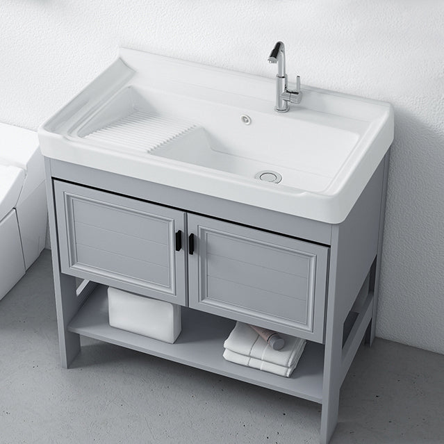Shelving Included Vanity Grey Single Sink Mirror Freestanding Vanity with 2 Doors Clearhalo 'Bathroom Remodel & Bathroom Fixtures' 'Bathroom Vanities' 'bathroom_vanities' 'Home Improvement' 'home_improvement' 'home_improvement_bathroom_vanities' 7639975