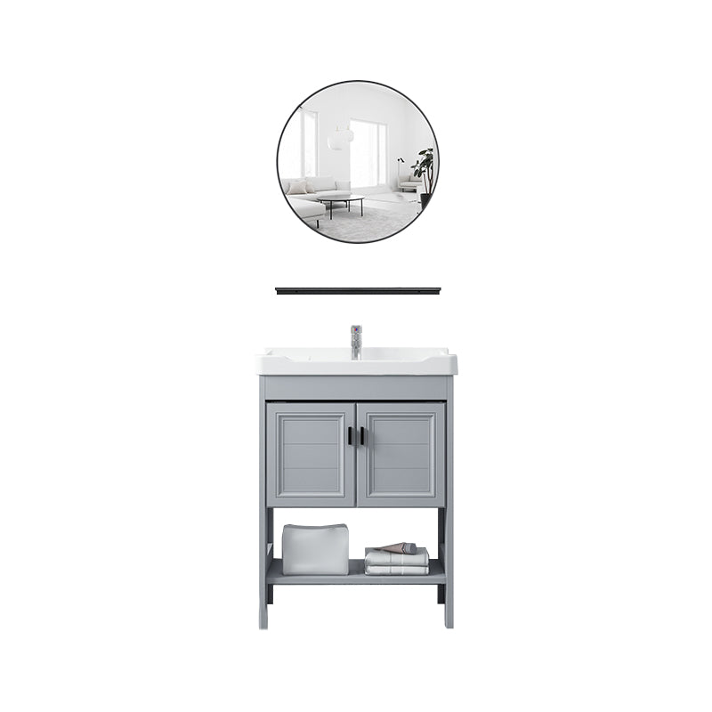 Shelving Included Vanity Grey Single Sink Mirror Freestanding Vanity with 2 Doors Vanity & Faucet & Round Mirror 24"L x 19"W x 31"H Clearhalo 'Bathroom Remodel & Bathroom Fixtures' 'Bathroom Vanities' 'bathroom_vanities' 'Home Improvement' 'home_improvement' 'home_improvement_bathroom_vanities' 7639976