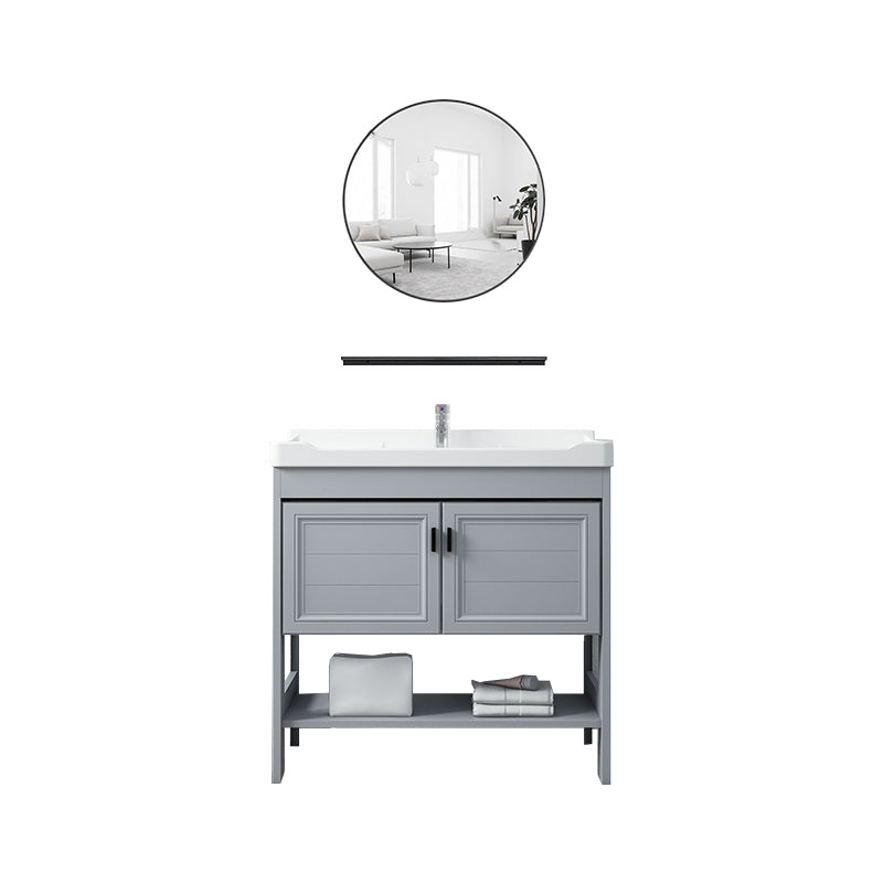 Shelving Included Vanity Grey Single Sink Mirror Freestanding Vanity with 2 Doors Vanity & Faucet & Round Mirror Clearhalo 'Bathroom Remodel & Bathroom Fixtures' 'Bathroom Vanities' 'bathroom_vanities' 'Home Improvement' 'home_improvement' 'home_improvement_bathroom_vanities' 7639977
