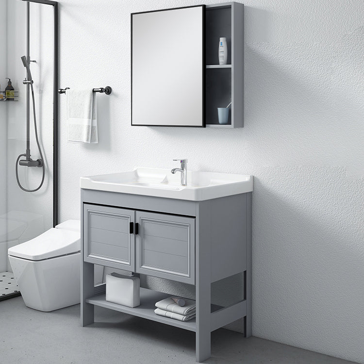 Shelving Included Vanity Grey Single Sink Mirror Freestanding Vanity with 2 Doors Clearhalo 'Bathroom Remodel & Bathroom Fixtures' 'Bathroom Vanities' 'bathroom_vanities' 'Home Improvement' 'home_improvement' 'home_improvement_bathroom_vanities' 7639978