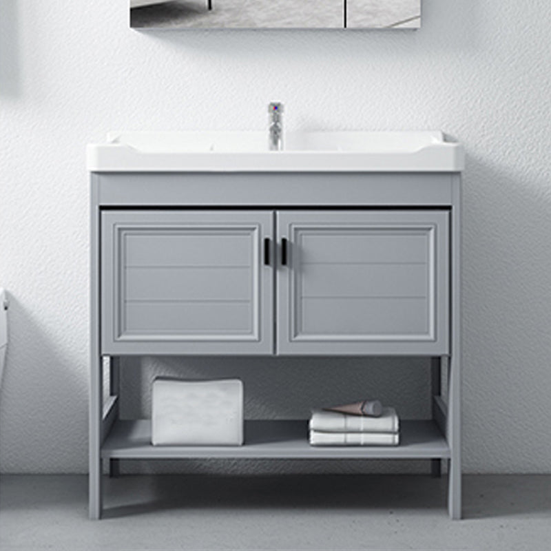 Shelving Included Vanity Grey Single Sink Mirror Freestanding Vanity with 2 Doors Clearhalo 'Bathroom Remodel & Bathroom Fixtures' 'Bathroom Vanities' 'bathroom_vanities' 'Home Improvement' 'home_improvement' 'home_improvement_bathroom_vanities' 7639979