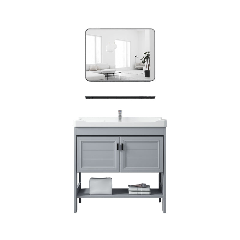 Shelving Included Vanity Grey Single Sink Mirror Freestanding Vanity with 2 Doors Vanity & Faucet & Square Mirror Clearhalo 'Bathroom Remodel & Bathroom Fixtures' 'Bathroom Vanities' 'bathroom_vanities' 'Home Improvement' 'home_improvement' 'home_improvement_bathroom_vanities' 7639981