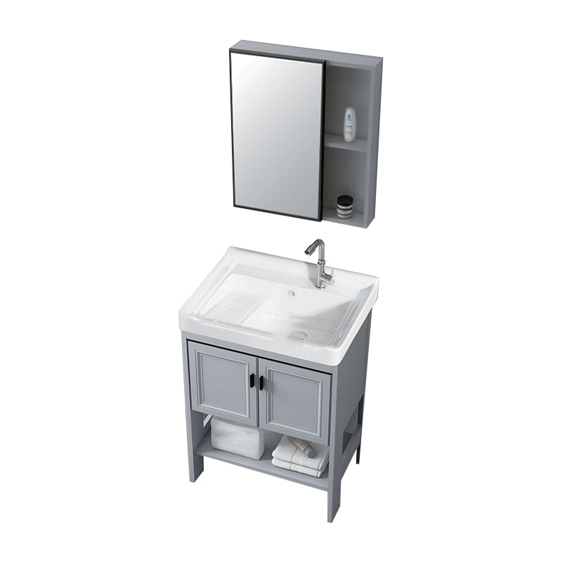 Shelving Included Vanity Grey Single Sink Mirror Freestanding Vanity with 2 Doors Vanity & Faucet & Mirror Cabinet 24"L x 19"W x 31"H Clearhalo 'Bathroom Remodel & Bathroom Fixtures' 'Bathroom Vanities' 'bathroom_vanities' 'Home Improvement' 'home_improvement' 'home_improvement_bathroom_vanities' 7639983