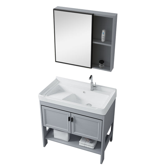 Shelving Included Vanity Grey Single Sink Mirror Freestanding Vanity with 2 Doors Clearhalo 'Bathroom Remodel & Bathroom Fixtures' 'Bathroom Vanities' 'bathroom_vanities' 'Home Improvement' 'home_improvement' 'home_improvement_bathroom_vanities' 7639984