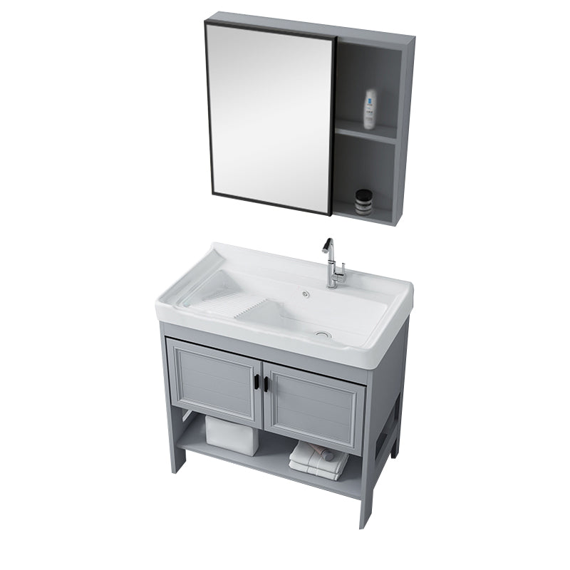 Shelving Included Vanity Grey Single Sink Mirror Freestanding Vanity with 2 Doors Vanity & Faucet & Mirror Cabinet Clearhalo 'Bathroom Remodel & Bathroom Fixtures' 'Bathroom Vanities' 'bathroom_vanities' 'Home Improvement' 'home_improvement' 'home_improvement_bathroom_vanities' 7639985