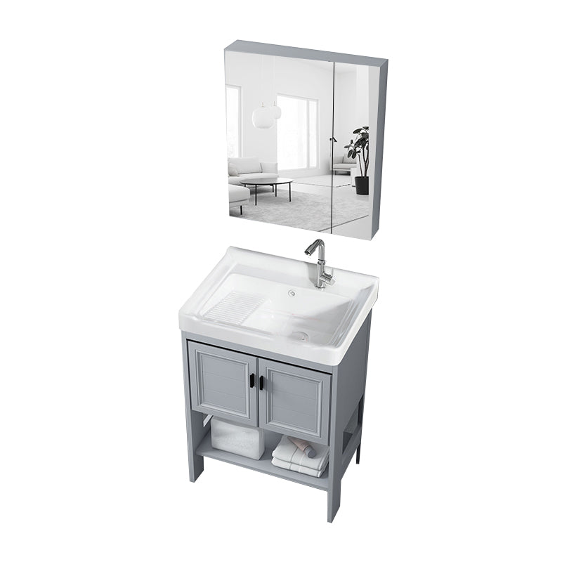 Shelving Included Vanity Grey Single Sink Mirror Freestanding Vanity with 2 Doors Vanity & Faucet & Enclosed Mirror Cabinet 24"L x 19"W x 31"H Clearhalo 'Bathroom Remodel & Bathroom Fixtures' 'Bathroom Vanities' 'bathroom_vanities' 'Home Improvement' 'home_improvement' 'home_improvement_bathroom_vanities' 7639988