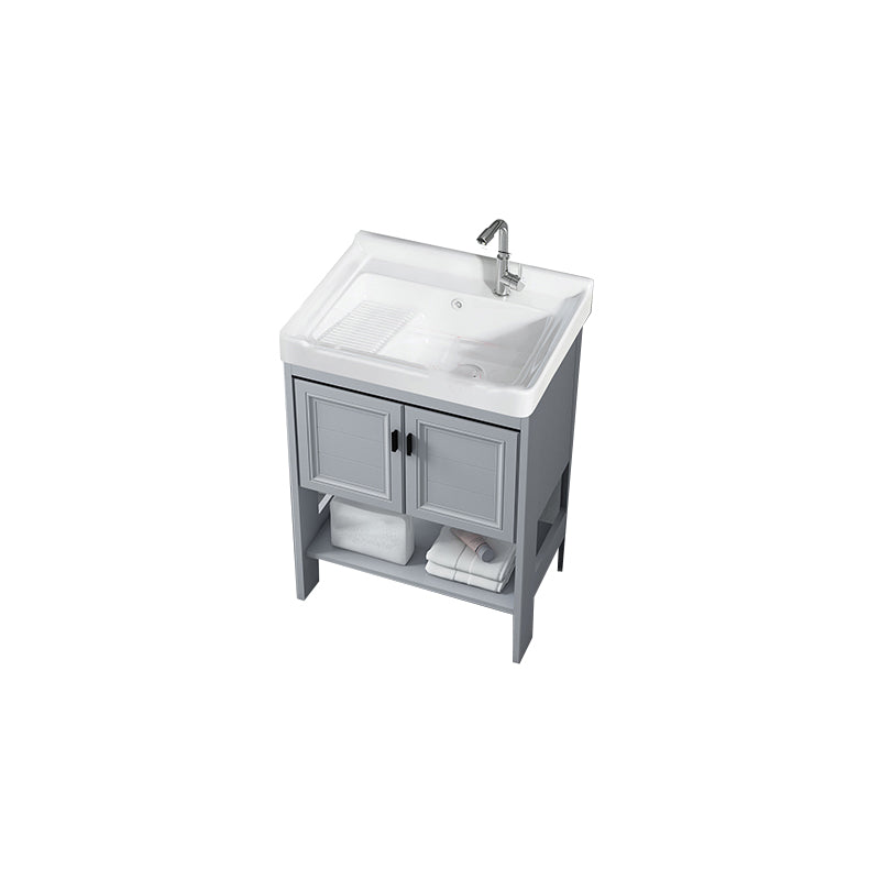 Shelving Included Vanity Grey Single Sink Mirror Freestanding Vanity with 2 Doors Vanity & Faucet 24"L x 19"W x 31"H Clearhalo 'Bathroom Remodel & Bathroom Fixtures' 'Bathroom Vanities' 'bathroom_vanities' 'Home Improvement' 'home_improvement' 'home_improvement_bathroom_vanities' 7639991