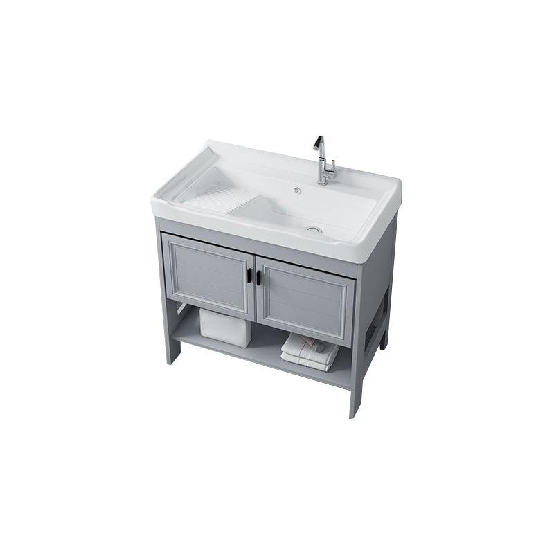 Shelving Included Vanity Grey Single Sink Mirror Freestanding Vanity with 2 Doors Vanity & Faucet Clearhalo 'Bathroom Remodel & Bathroom Fixtures' 'Bathroom Vanities' 'bathroom_vanities' 'Home Improvement' 'home_improvement' 'home_improvement_bathroom_vanities' 7639992