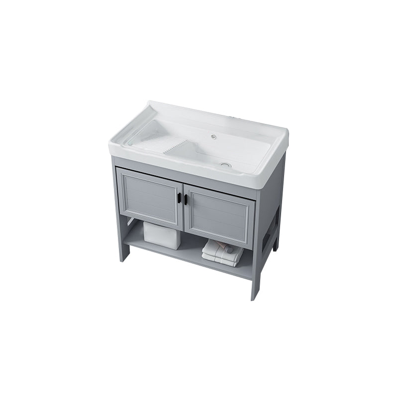 Shelving Included Vanity Grey Single Sink Mirror Freestanding Vanity with 2 Doors Bathroom Vanity Clearhalo 'Bathroom Remodel & Bathroom Fixtures' 'Bathroom Vanities' 'bathroom_vanities' 'Home Improvement' 'home_improvement' 'home_improvement_bathroom_vanities' 7639994