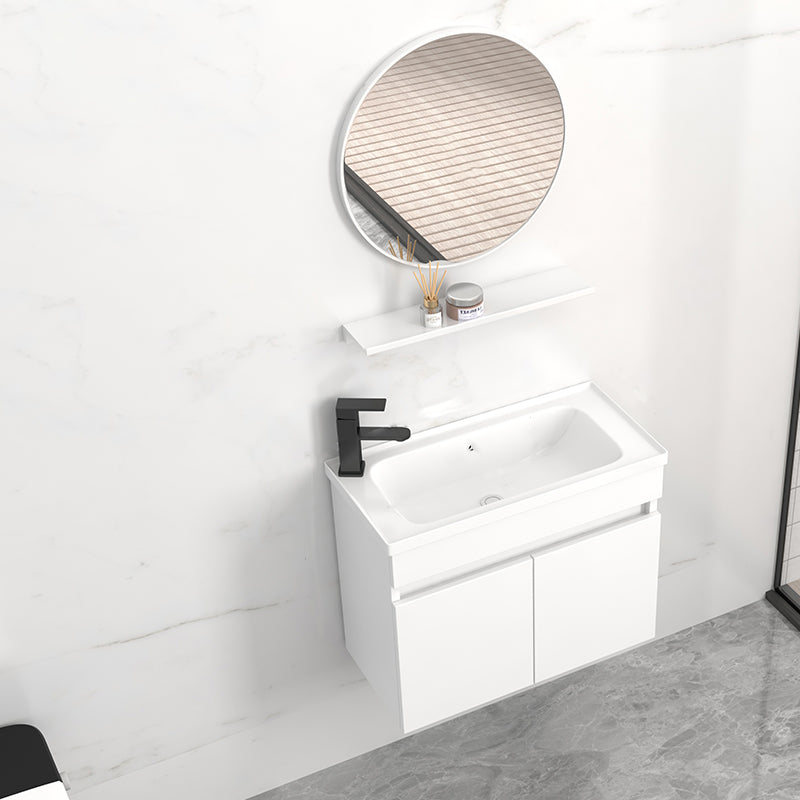 Modern Wall Mount Bathroom Vanity White Ceramic Single-Sink Rectangular Vanity Set Vanity & Faucet & Mirrors 23.6"L x 11.8"W x 16.5"H Left Clearhalo 'Bathroom Remodel & Bathroom Fixtures' 'Bathroom Vanities' 'bathroom_vanities' 'Home Improvement' 'home_improvement' 'home_improvement_bathroom_vanities' 7640019