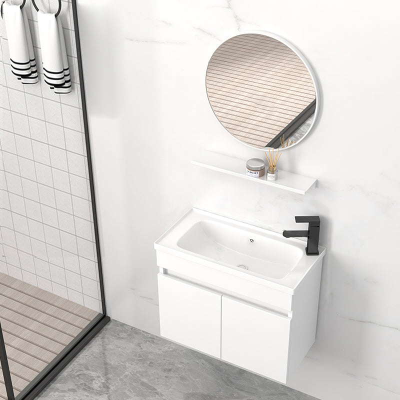 Modern Wall Mount Bathroom Vanity White Ceramic Single-Sink Rectangular Vanity Set Vanity & Faucet & Mirrors 23.6"L x 11.8"W x 16.5"H Right Clearhalo 'Bathroom Remodel & Bathroom Fixtures' 'Bathroom Vanities' 'bathroom_vanities' 'Home Improvement' 'home_improvement' 'home_improvement_bathroom_vanities' 7640023