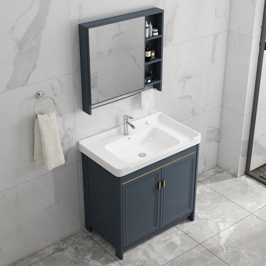 Glam Freestanding Bathroom Vanity Blue Metal Frame Single-Sink Vanity Set Clearhalo 'Bathroom Remodel & Bathroom Fixtures' 'Bathroom Vanities' 'bathroom_vanities' 'Home Improvement' 'home_improvement' 'home_improvement_bathroom_vanities' 7640067