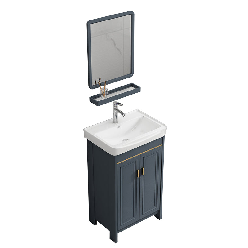 Glam Freestanding Bathroom Vanity Blue Metal Frame Single-Sink Vanity Set Vanity & Faucet & Mirrors 20"L x 14"W x 32"H Towel Bar Not Included Clearhalo 'Bathroom Remodel & Bathroom Fixtures' 'Bathroom Vanities' 'bathroom_vanities' 'Home Improvement' 'home_improvement' 'home_improvement_bathroom_vanities' 7640070