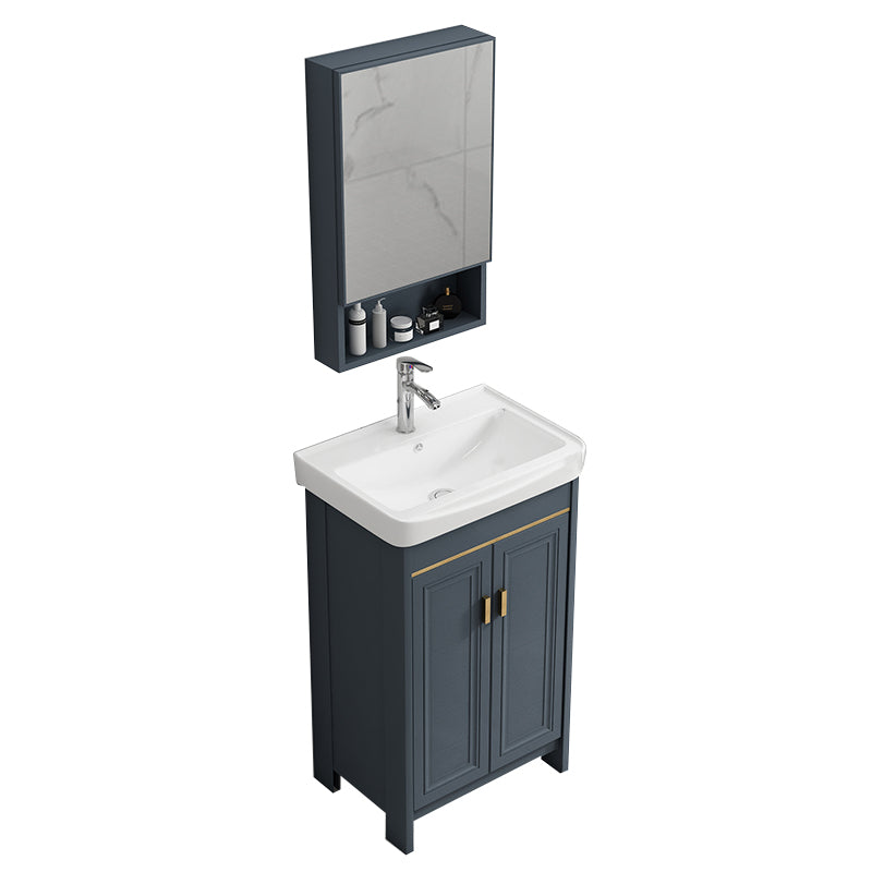 Glam Freestanding Bathroom Vanity Blue Metal Frame Single-Sink Vanity Set Vanity & Faucet & Mirror Cabinet 20"L x 14"W x 32"H Towel Bar Not Included Clearhalo 'Bathroom Remodel & Bathroom Fixtures' 'Bathroom Vanities' 'bathroom_vanities' 'Home Improvement' 'home_improvement' 'home_improvement_bathroom_vanities' 7640078