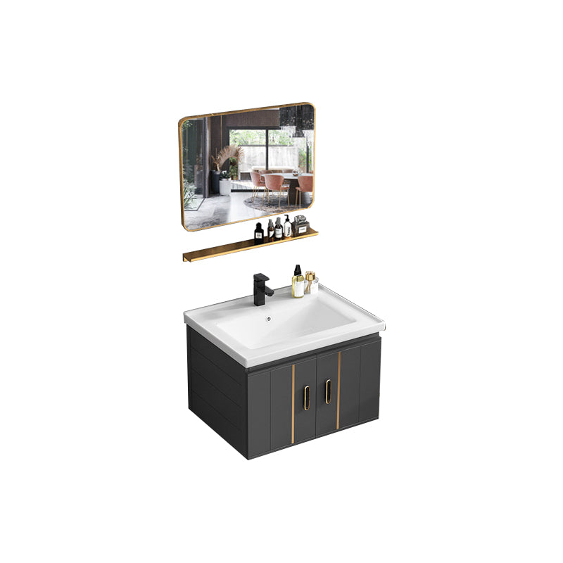 Modern Single Sink Vanity Black Ceramic Bath Vanity with Soft Close Door Vanity & Faucet & Mirrors 23.6"L x 18.5"W x 17.7"H Ceramic Clearhalo 'Bathroom Remodel & Bathroom Fixtures' 'Bathroom Vanities' 'bathroom_vanities' 'Home Improvement' 'home_improvement' 'home_improvement_bathroom_vanities' 7640122