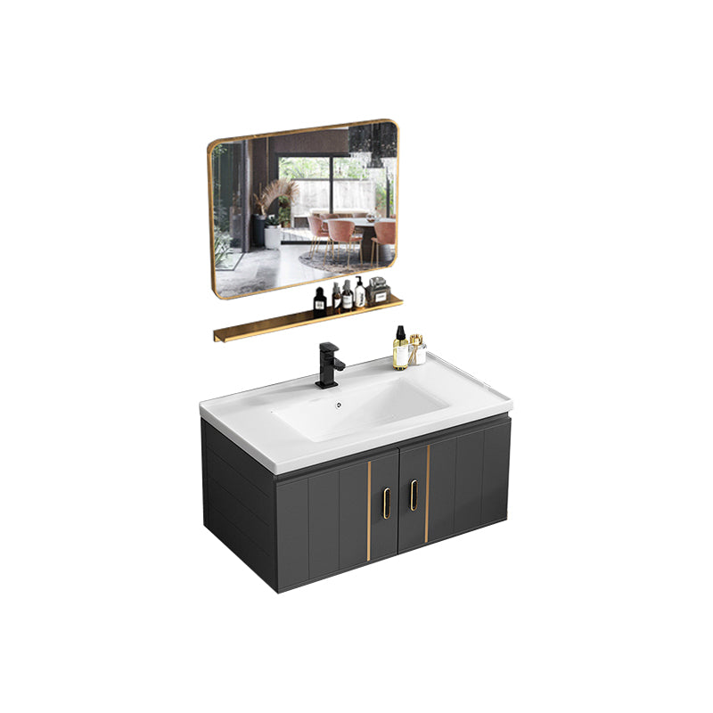 Modern Single Sink Vanity Black Ceramic Bath Vanity with Soft Close Door Vanity & Faucet & Mirrors 31.5"L x 18.5"W x 17.7"H Ceramic Clearhalo 'Bathroom Remodel & Bathroom Fixtures' 'Bathroom Vanities' 'bathroom_vanities' 'Home Improvement' 'home_improvement' 'home_improvement_bathroom_vanities' 7640125