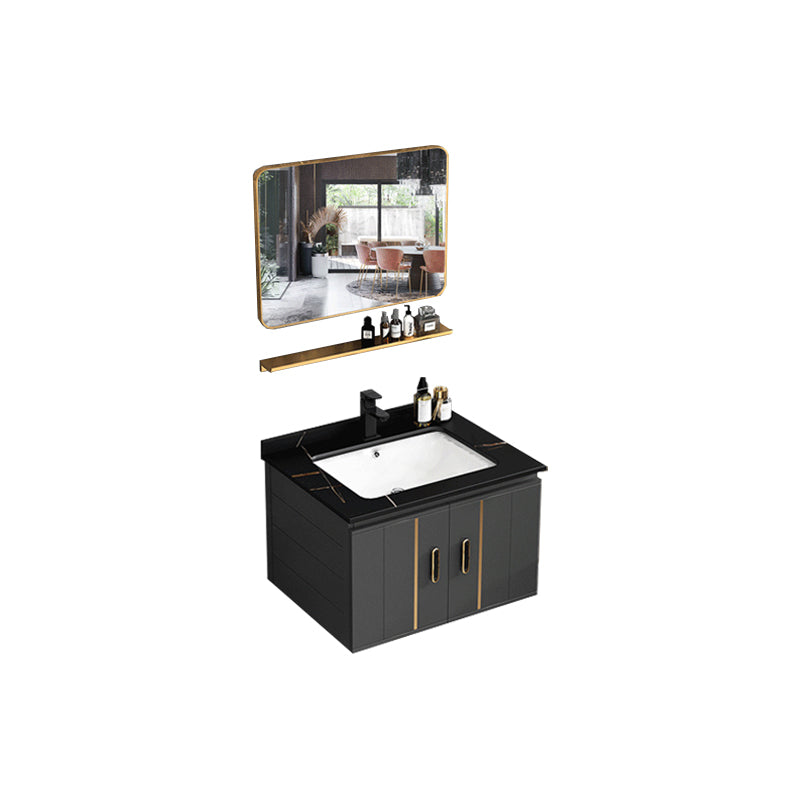 Modern Single Sink Vanity Black Ceramic Bath Vanity with Soft Close Door Vanity & Faucet & Mirrors 23.6"L x 18.5"W x 17.7"H Stone Clearhalo 'Bathroom Remodel & Bathroom Fixtures' 'Bathroom Vanities' 'bathroom_vanities' 'Home Improvement' 'home_improvement' 'home_improvement_bathroom_vanities' 7640128