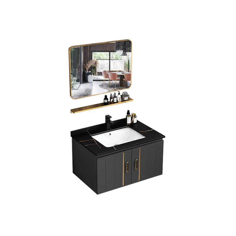 Modern Single Sink Vanity Black Ceramic Bath Vanity with Soft Close Door Vanity & Faucet & Mirrors 27.6"L x 18.5"W x 17.7"H Stone Clearhalo 'Bathroom Remodel & Bathroom Fixtures' 'Bathroom Vanities' 'bathroom_vanities' 'Home Improvement' 'home_improvement' 'home_improvement_bathroom_vanities' 7640130