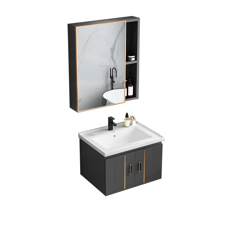 Modern Single Sink Vanity Black Ceramic Bath Vanity with Soft Close Door Vanity & Faucet & Mirror Cabinet 23.6"L x 18.5"W x 17.7"H Ceramic Clearhalo 'Bathroom Remodel & Bathroom Fixtures' 'Bathroom Vanities' 'bathroom_vanities' 'Home Improvement' 'home_improvement' 'home_improvement_bathroom_vanities' 7640136