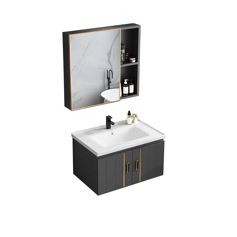 Modern Single Sink Vanity Black Ceramic Bath Vanity with Soft Close Door Vanity & Faucet & Mirror Cabinet 27.6"L x 18.5"W x 17.7"H Ceramic Clearhalo 'Bathroom Remodel & Bathroom Fixtures' 'Bathroom Vanities' 'bathroom_vanities' 'Home Improvement' 'home_improvement' 'home_improvement_bathroom_vanities' 7640137