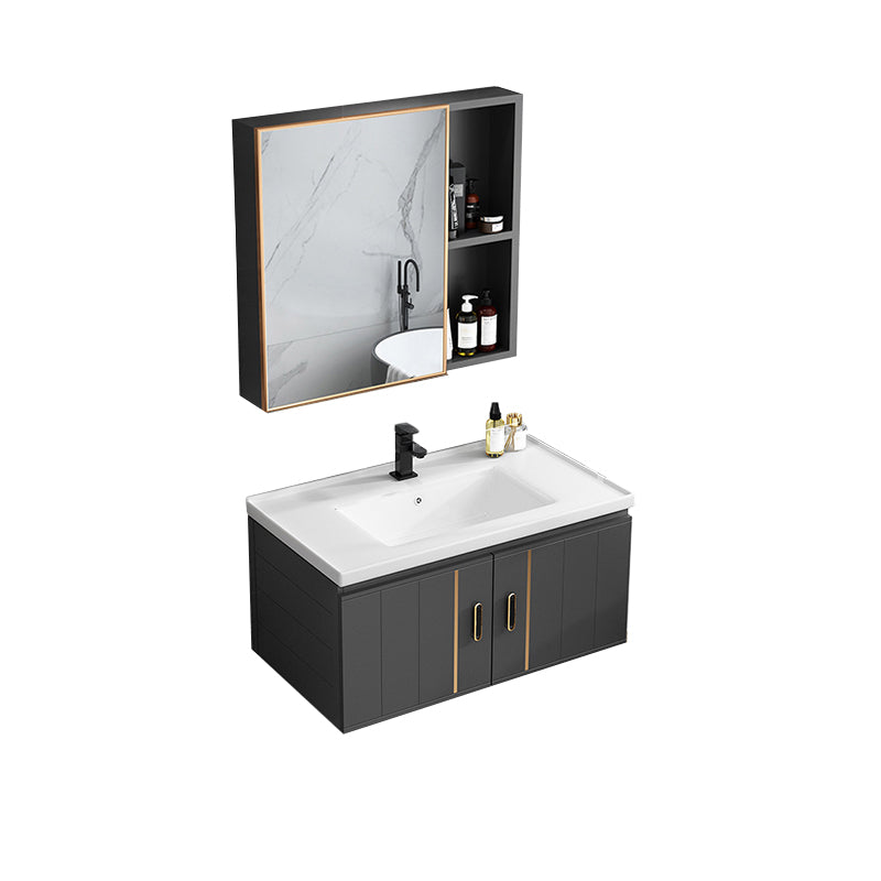 Modern Single Sink Vanity Black Ceramic Bath Vanity with Soft Close Door Vanity & Faucet & Mirror Cabinet 31.5"L x 18.5"W x 17.7"H Ceramic Clearhalo 'Bathroom Remodel & Bathroom Fixtures' 'Bathroom Vanities' 'bathroom_vanities' 'Home Improvement' 'home_improvement' 'home_improvement_bathroom_vanities' 7640138