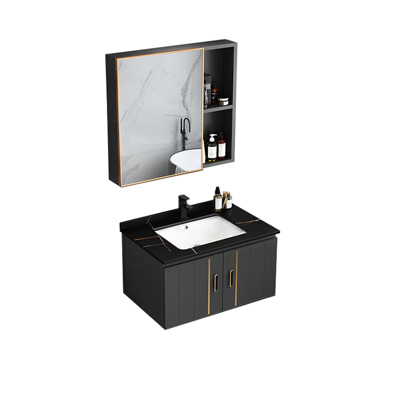 Modern Single Sink Vanity Black Ceramic Bath Vanity with Soft Close Door Vanity & Faucet & Mirror Cabinet 27.6"L x 18.5"W x 17.7"H Stone Clearhalo 'Bathroom Remodel & Bathroom Fixtures' 'Bathroom Vanities' 'bathroom_vanities' 'Home Improvement' 'home_improvement' 'home_improvement_bathroom_vanities' 7640140