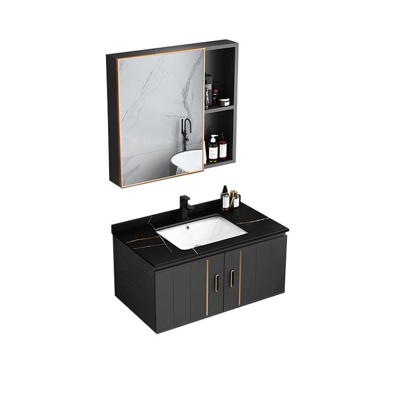 Modern Single Sink Vanity Black Ceramic Bath Vanity with Soft Close Door Vanity & Faucet & Mirror Cabinet 31.5"L x 18.5"W x 17.7"H Stone Clearhalo 'Bathroom Remodel & Bathroom Fixtures' 'Bathroom Vanities' 'bathroom_vanities' 'Home Improvement' 'home_improvement' 'home_improvement_bathroom_vanities' 7640141