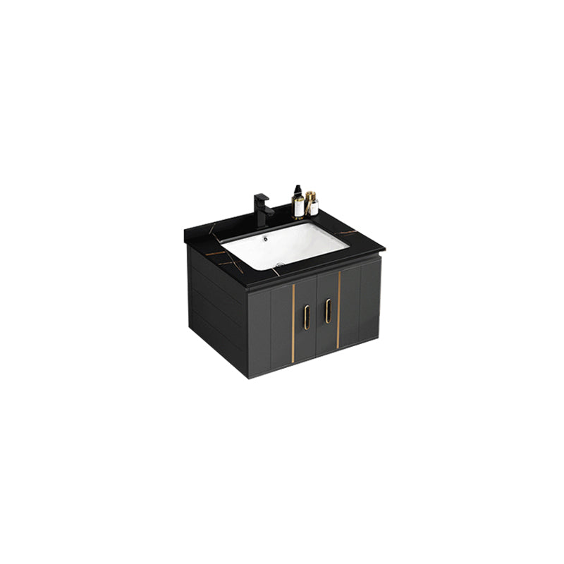 Modern Single Sink Vanity Black Ceramic Bath Vanity with Soft Close Door Vanity & Faucet 23.6"L x 18.5"W x 17.7"H Stone Clearhalo 'Bathroom Remodel & Bathroom Fixtures' 'Bathroom Vanities' 'bathroom_vanities' 'Home Improvement' 'home_improvement' 'home_improvement_bathroom_vanities' 7640147